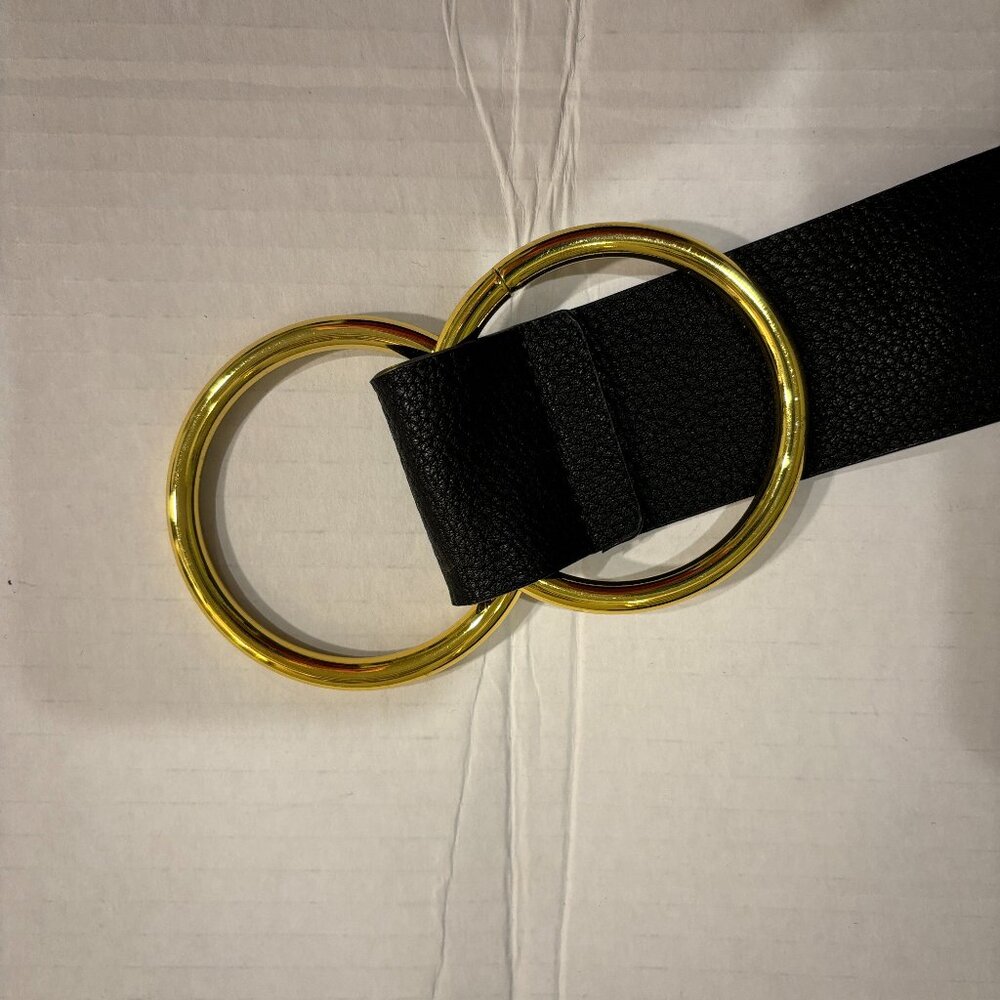 NWOT Below the Belt, Black 55" Vegan Belt, Gold Double circle Buckle, adjustable - Picture 2 of 2